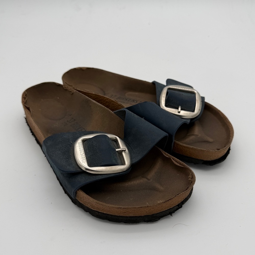 Birkenstock Madrid Big Buckle Navy Blue Nubuck Leather Slide Sandals Womens 37